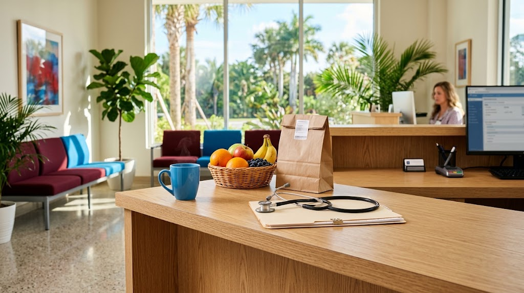 Welcoming clinic reception desk with a stethoscope, food basket, and pharmacy bag at a comprehensive HIV clinic