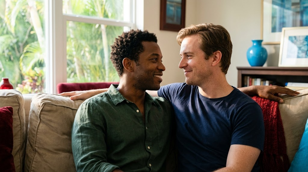 Smiling couple sitting together on a couch, talking openly at home