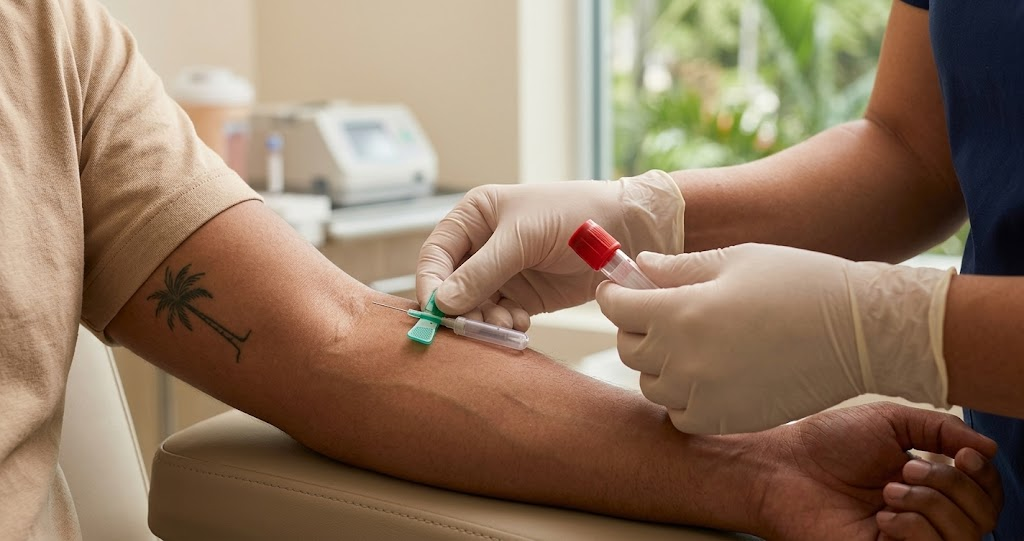 Healthcare worker drawing blood from a patient's arm during a first HIV appointment